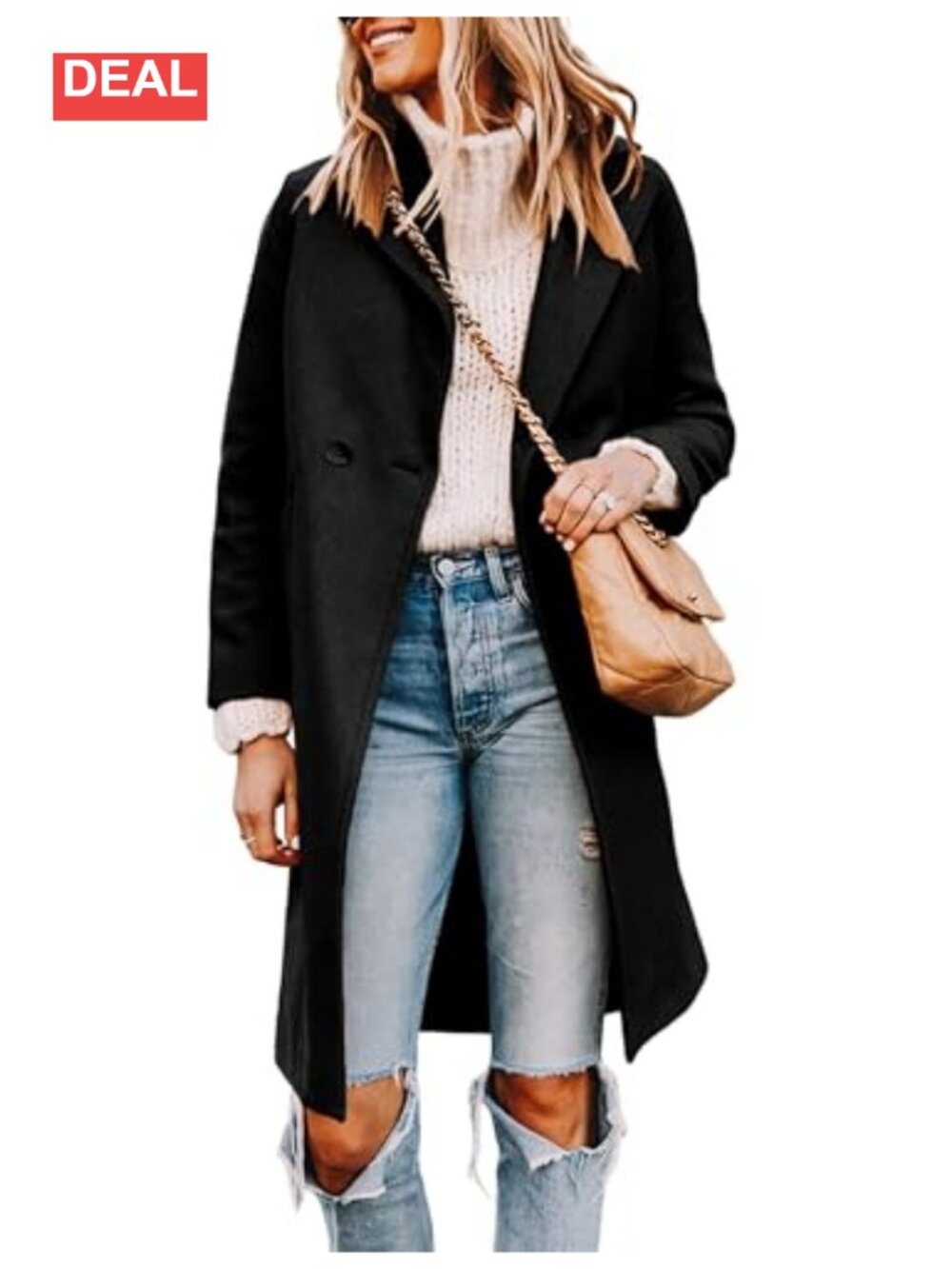 Wool Blend Pea Coat Long Sleeve Notched Lapel Knee Length Winter Coat